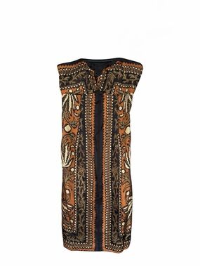 100% Silk Black and Rust Printed Strapless Dress